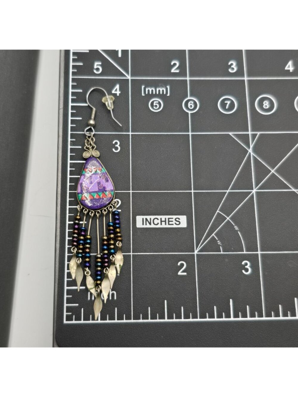 VTG Southwestern Dangle Earrings 3.75" Purple Beaded Fringe Aztec Boho Tribal - Picture 9 of 10